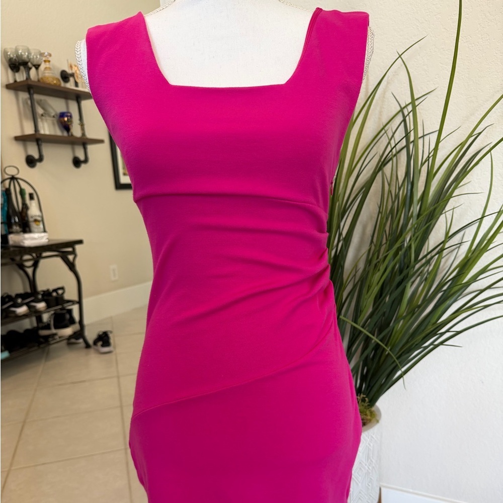 Express Hot Pink Size 0 Dress Ruched Square Neck Mini Dress Sheath Bodycon Zip - Picture 2 of 8